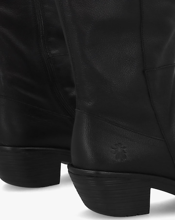Fly London Waki Black Leather Stacked Heel Knee Boots
