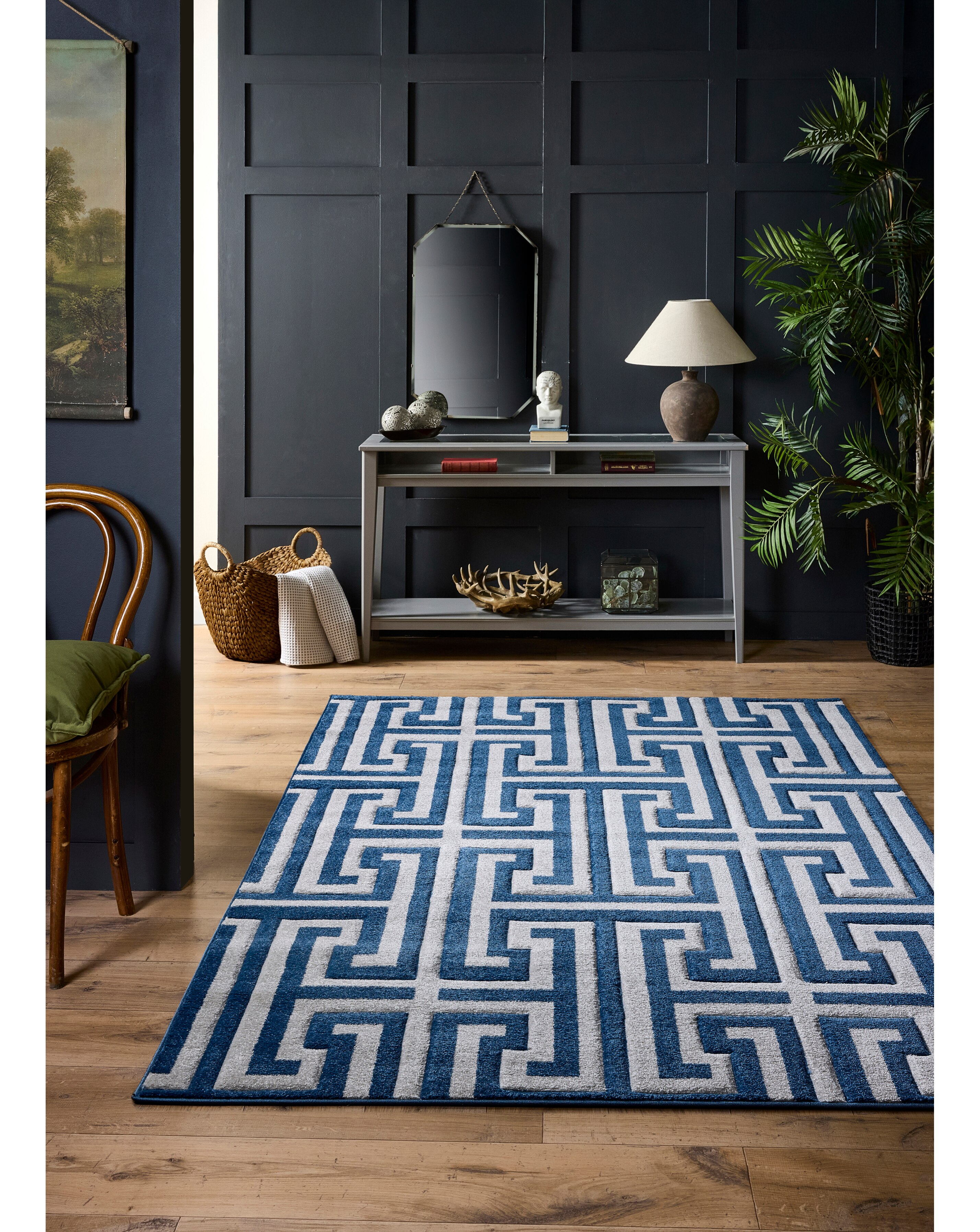 Greek Key Textured Rug - Navy