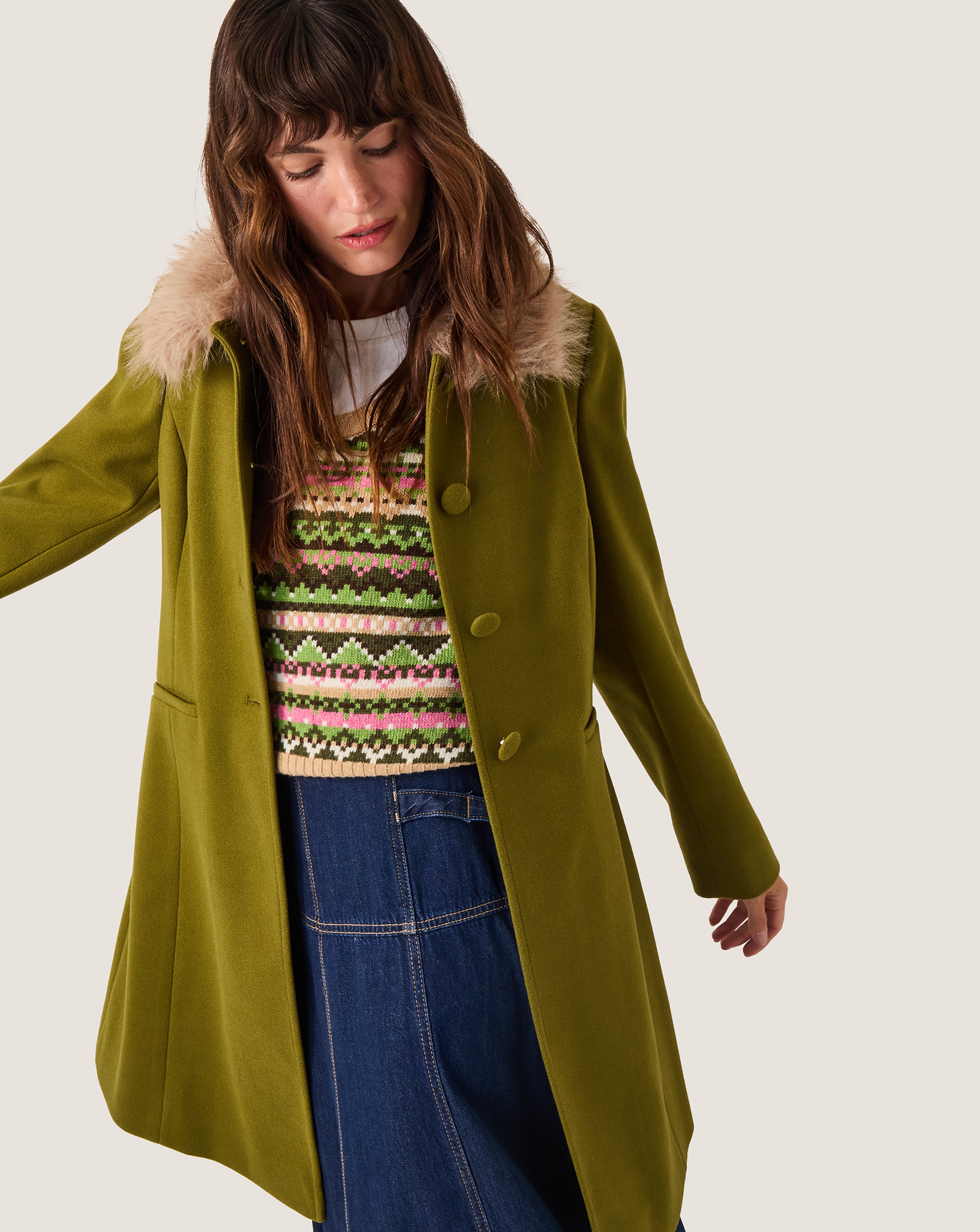 Monsoon Beatrice Faux Fur Collar Coat