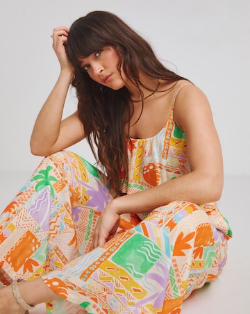 Native Youth Strappy Beach Palm Print Loose Fit Jumpsuit