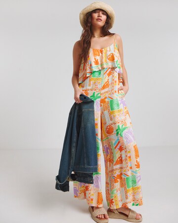 Native Youth Strappy Beach Palm Print Loose Fit Jumpsuit