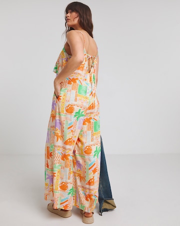 Native Youth Strappy Beach Palm Print Loose Fit Jumpsuit