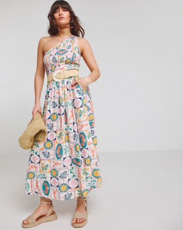 Native Youth One Shoulder Shirred Postcard Midaxi Pocket Dress