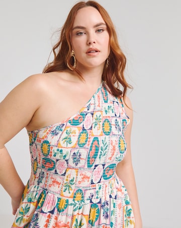 Native Youth One Shoulder Shirred Postcard Midaxi Pocket Dress