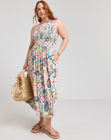 Native Youth One Shoulder Shirred Postcard Midaxi Pocket Dress