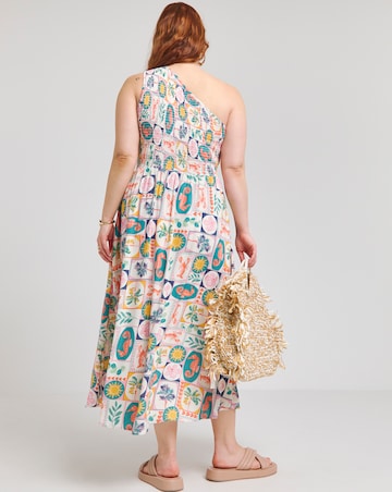 Native Youth One Shoulder Shirred Postcard Midaxi Pocket Dress