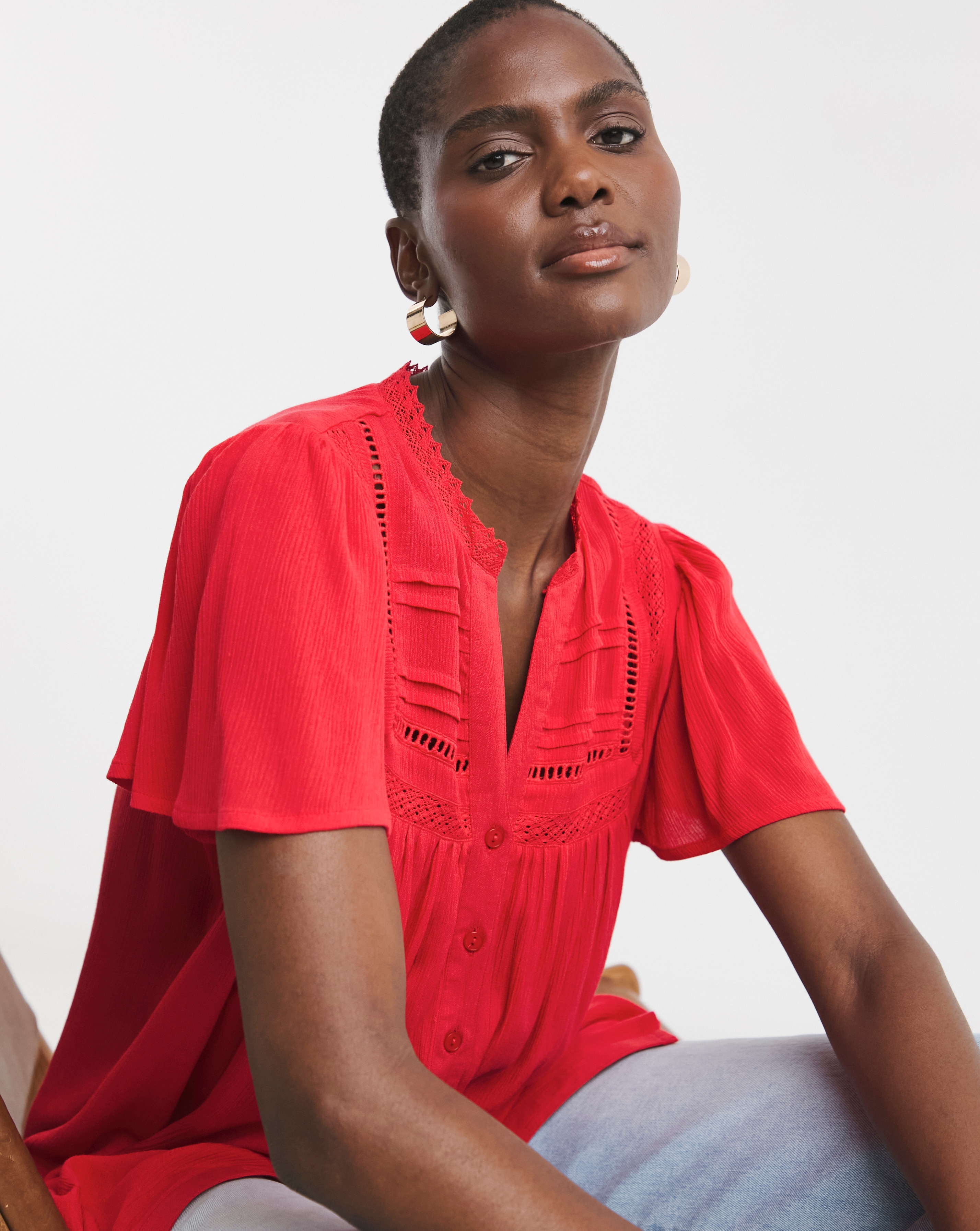 Textured Crinkle Ladder Insert Blouse