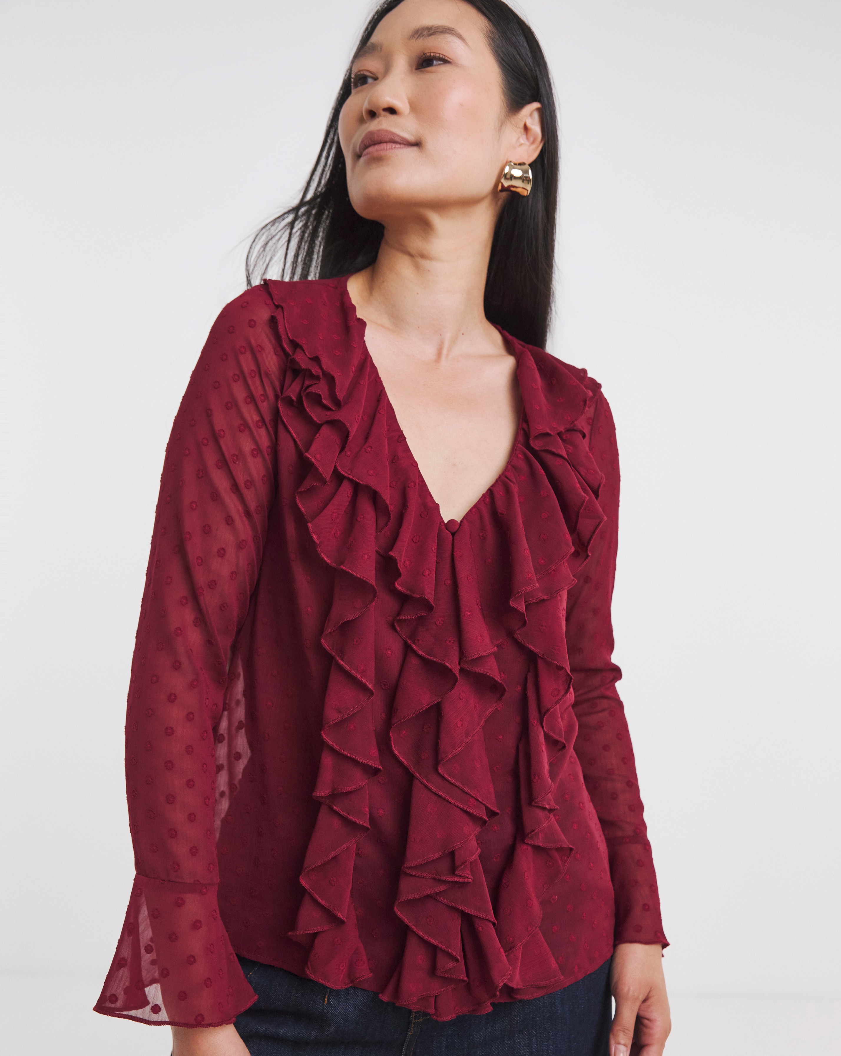 Dobby Ruffle Front Blouse