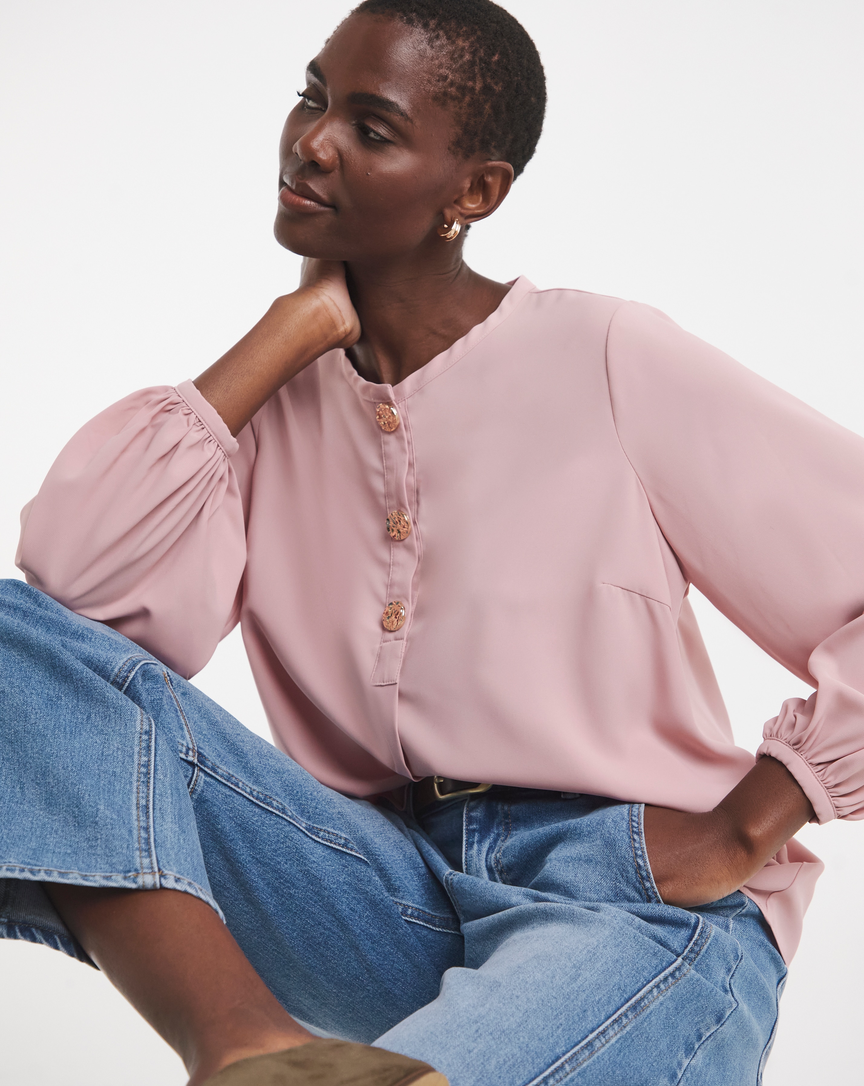 Button Detail Volume Sleeve Blouse