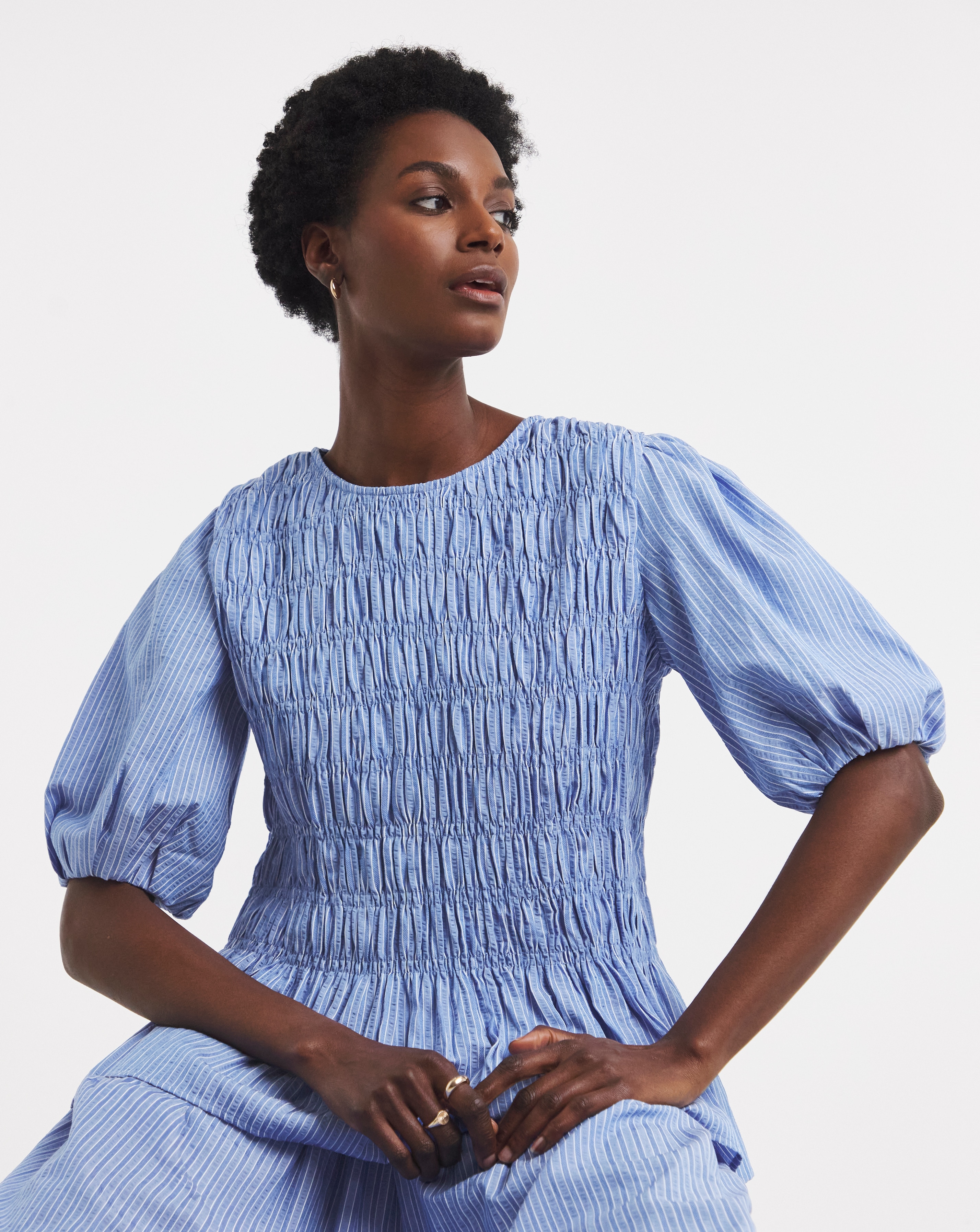 New In - Shirred Peplum Striped Blouse