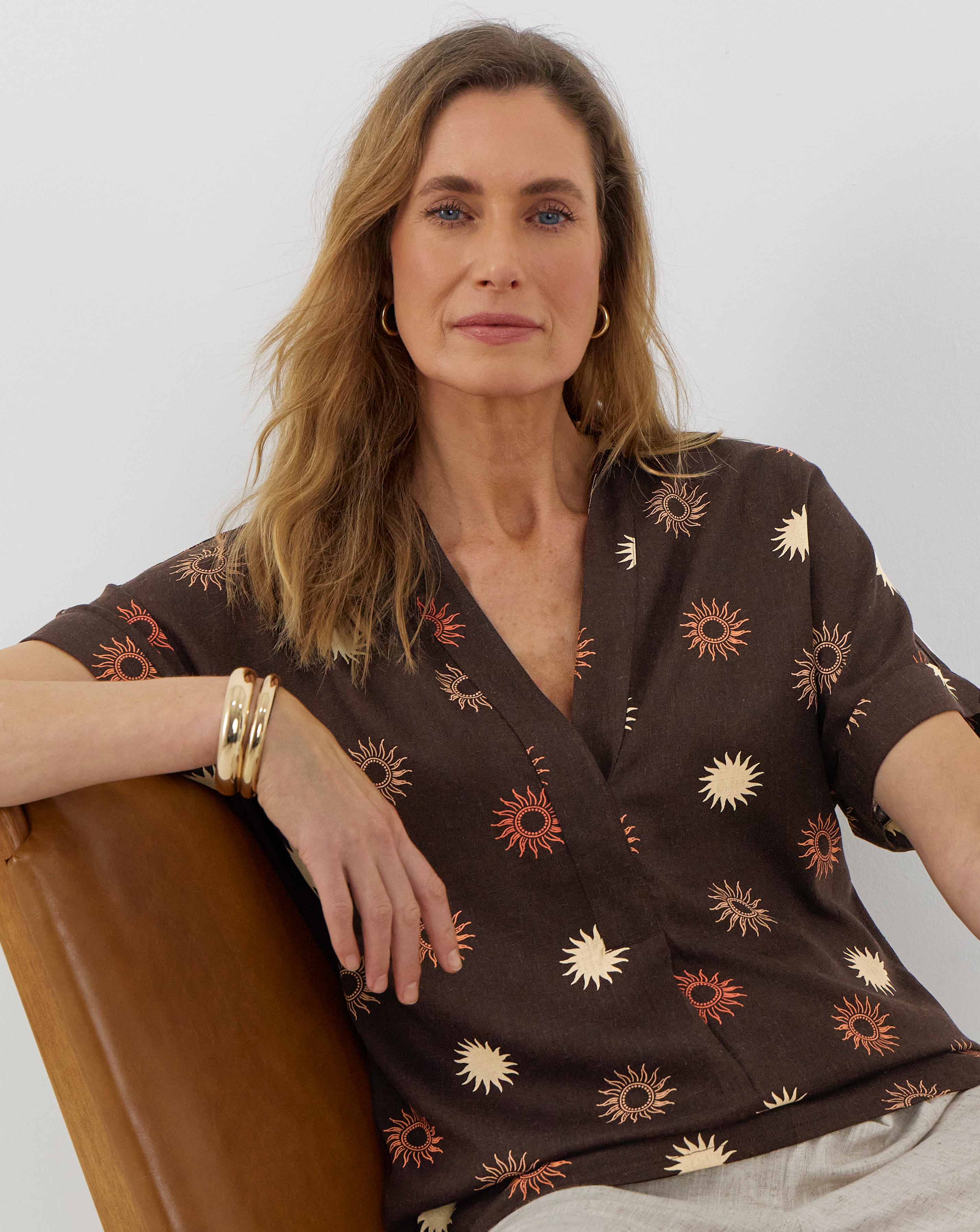 New In - Printed Linen Mix Collared Tunic