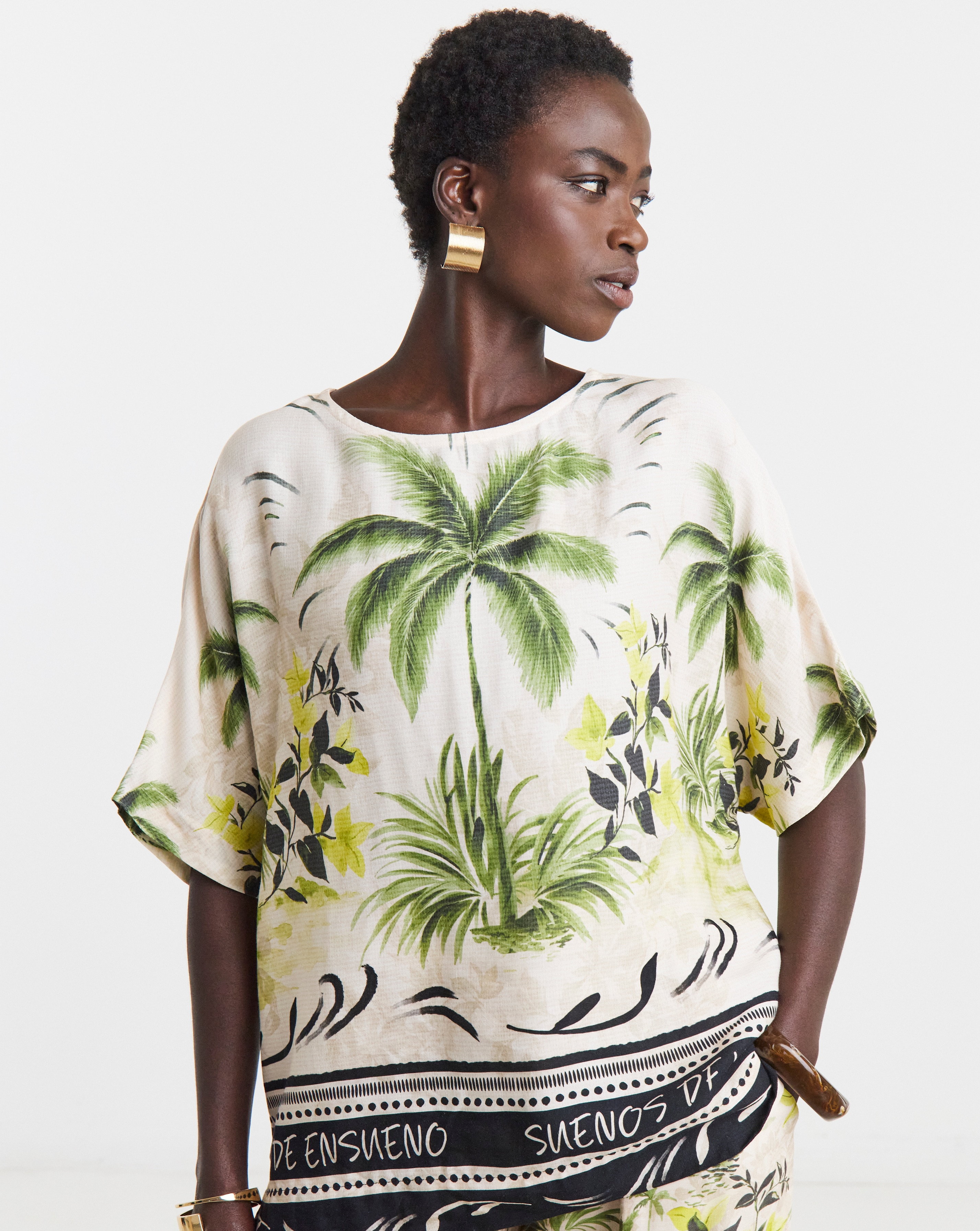 New In - Palm Print Linen Mix Boxy Top