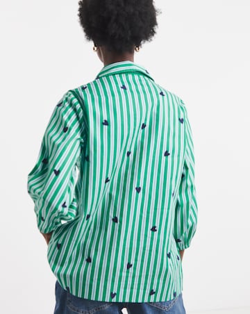Green Stripe Poplin Popover Collared Blouse