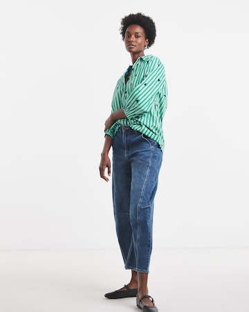 Green Stripe Poplin Popover Collared Blouse