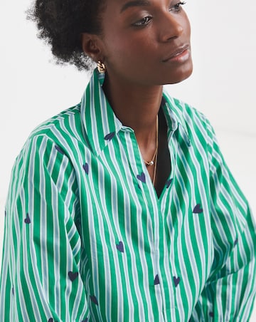 Green Stripe Poplin Popover Collared Blouse