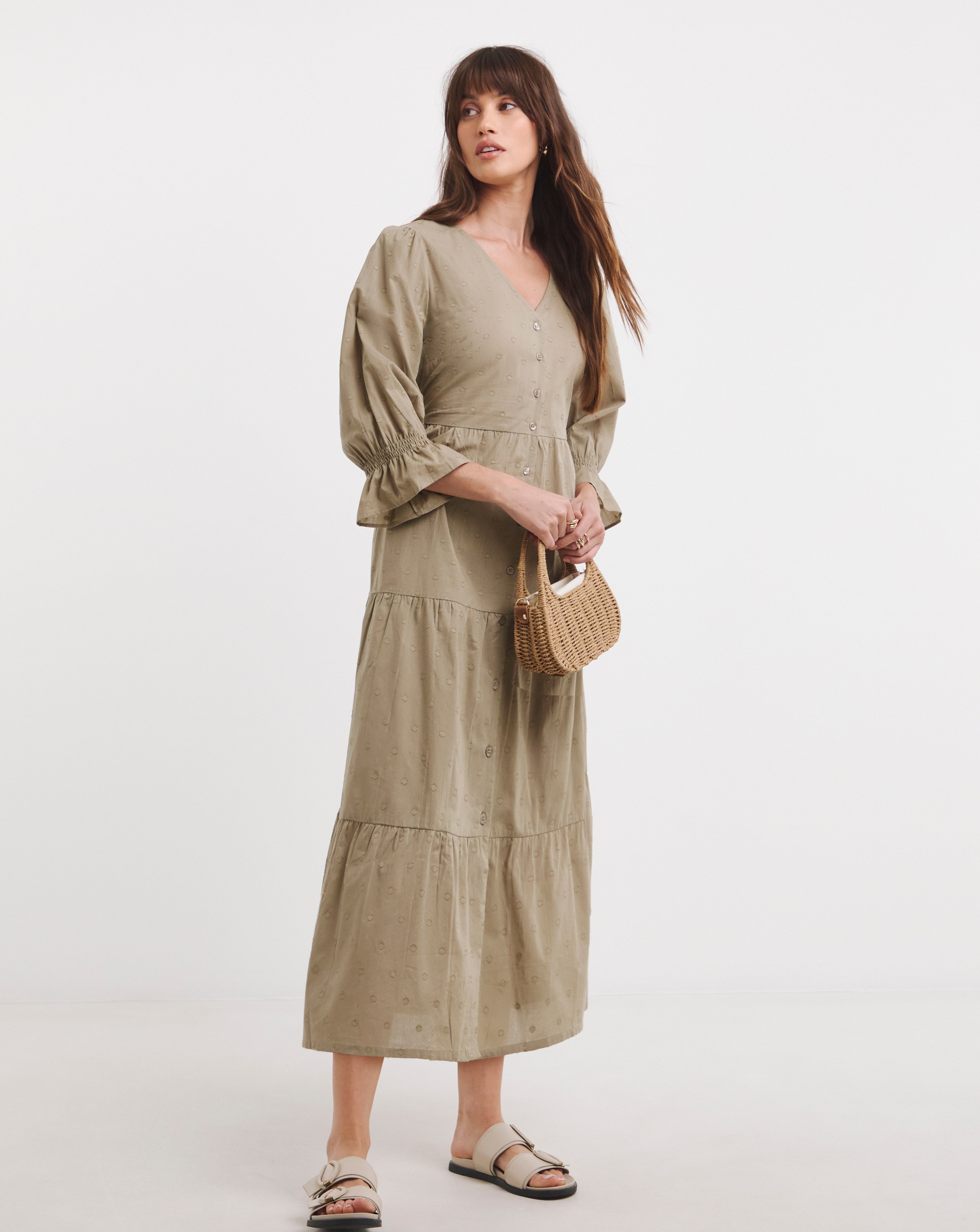 Cotton Dobby Button Through Smock Dress