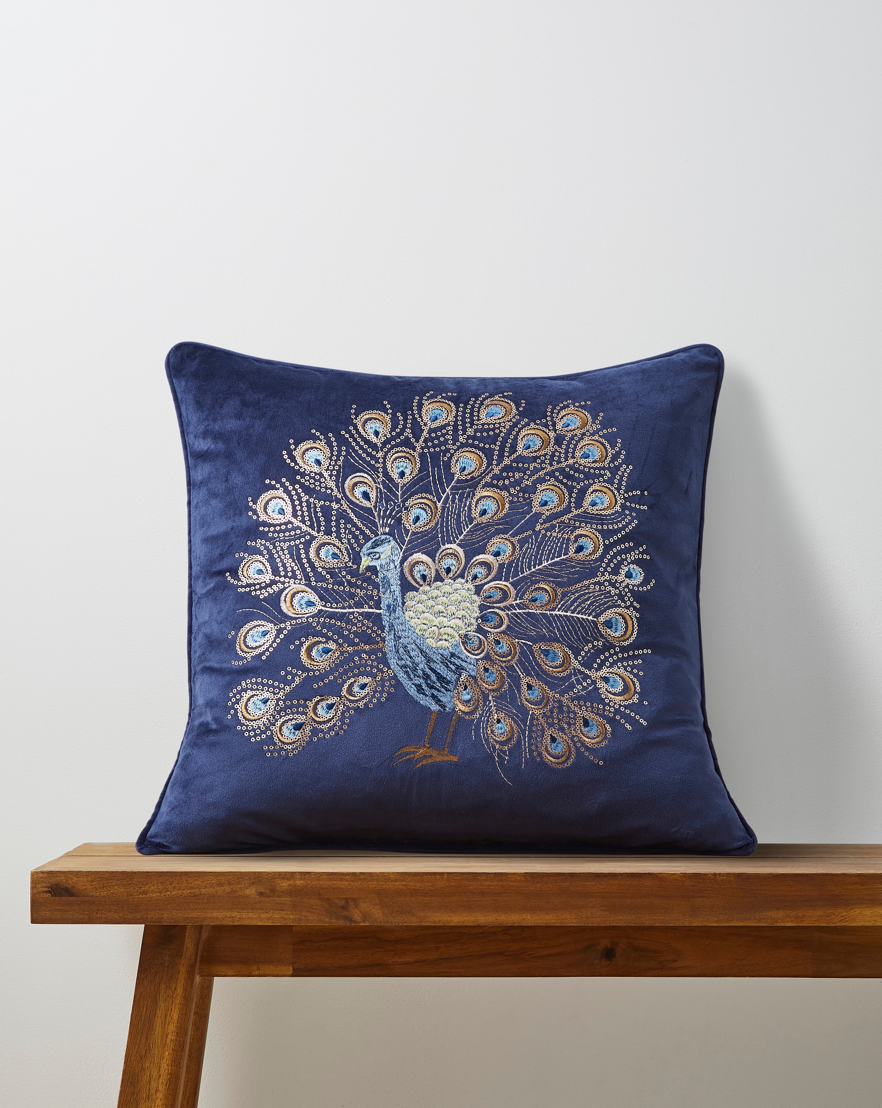 New In - Embroidered Peacock Velvet Cushion