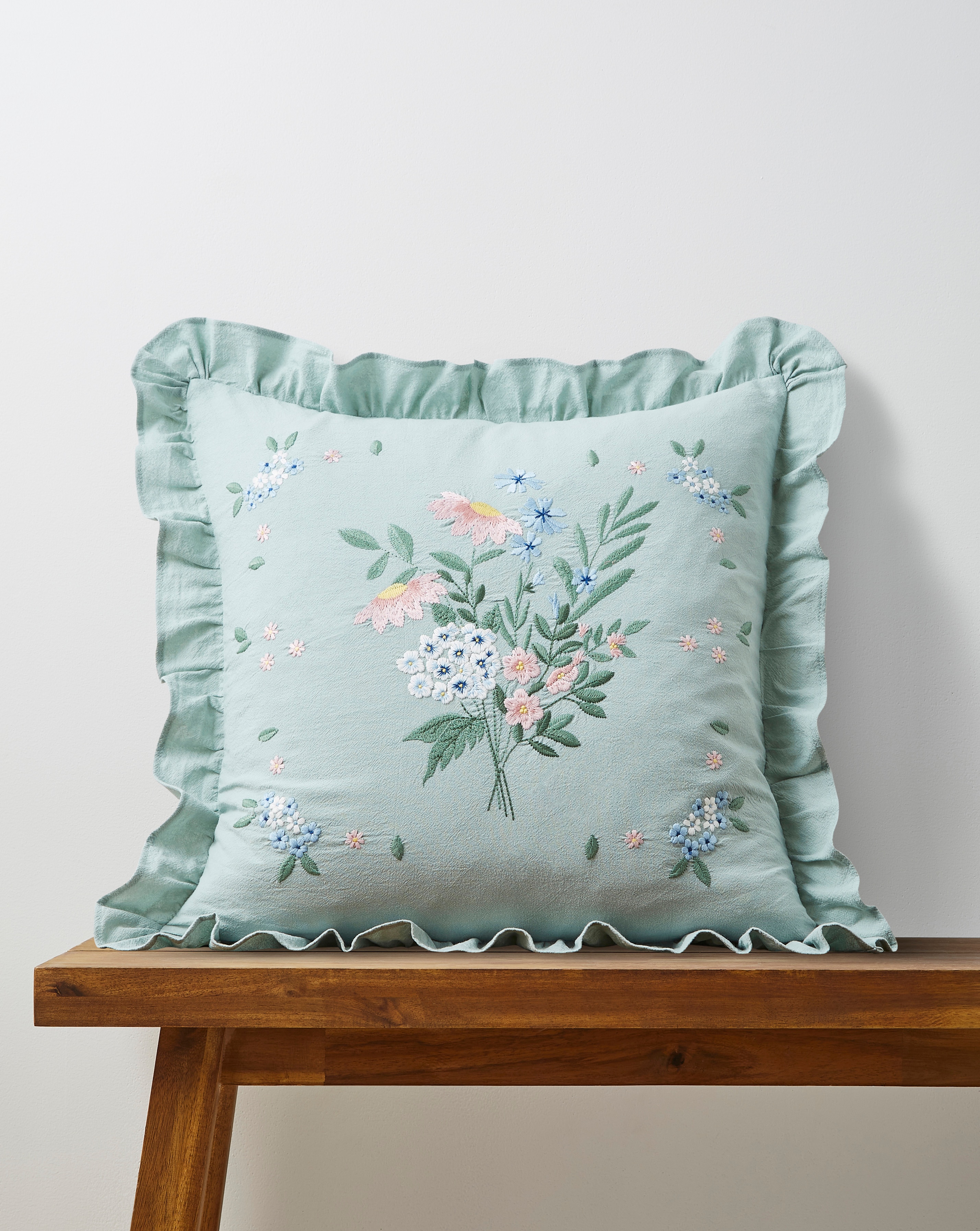 New In - Harper Embroidered Floral Ruffle Cushion