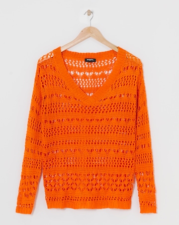 Orange Wide V Neck Crochet Jumper