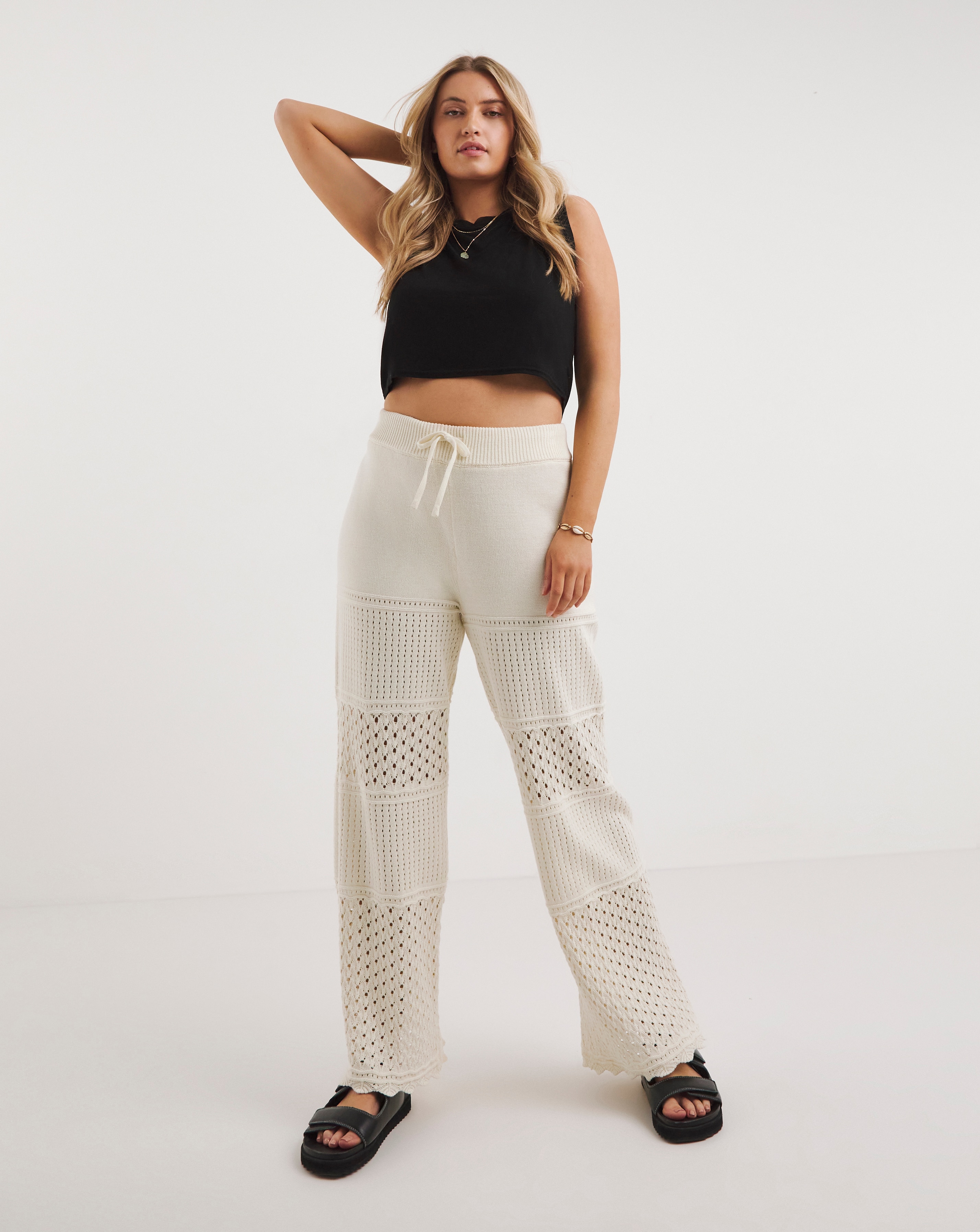 Simply Be Cream Crochet Wide Leg Trouser