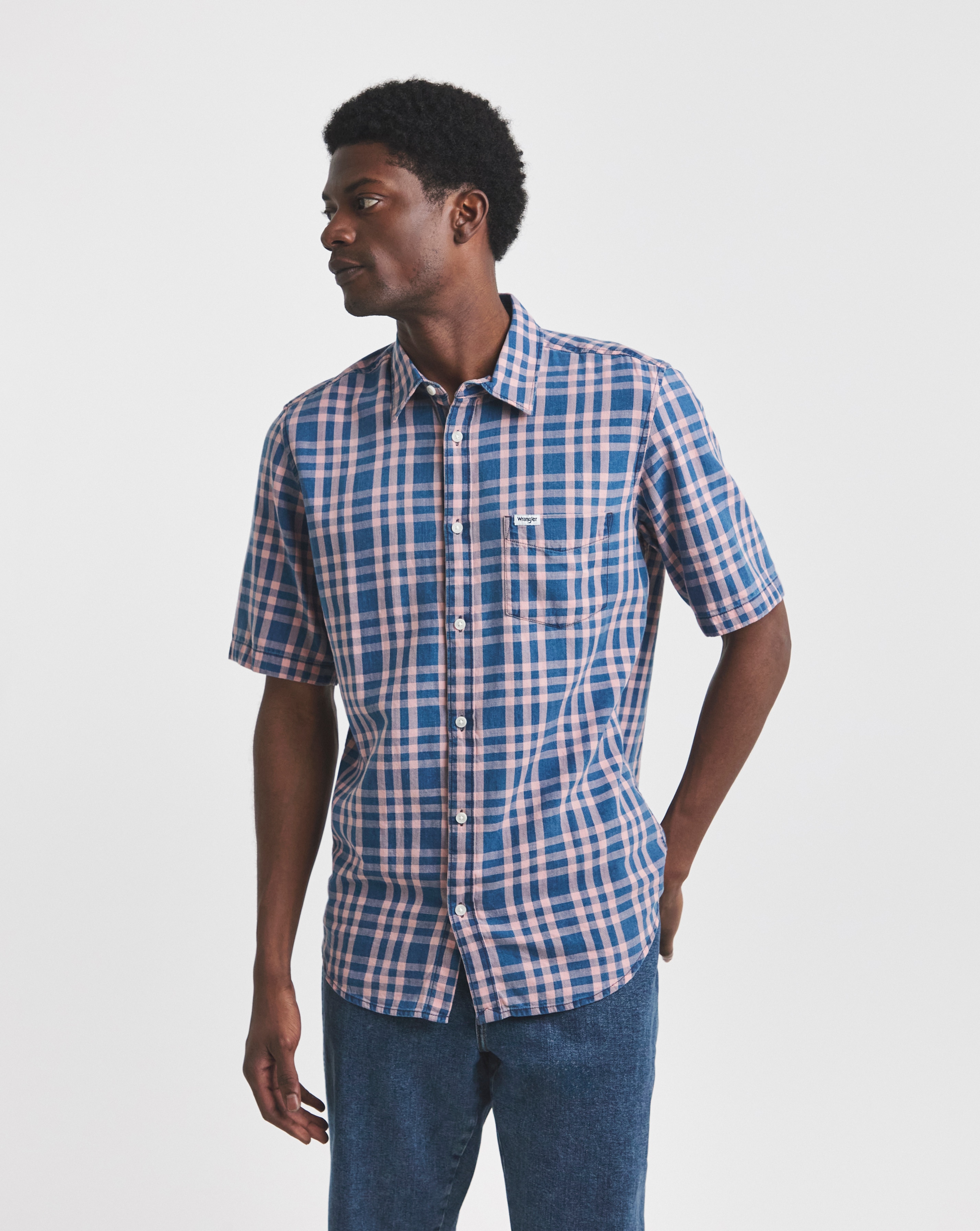 Wrangler Pocket Check Shirt - Blue/Pink