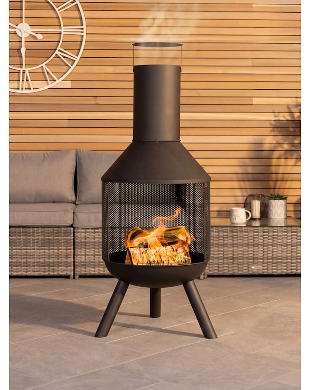 Charles Bentley Round Black Powder Coated Steel Modern Patio Heater Chimenea