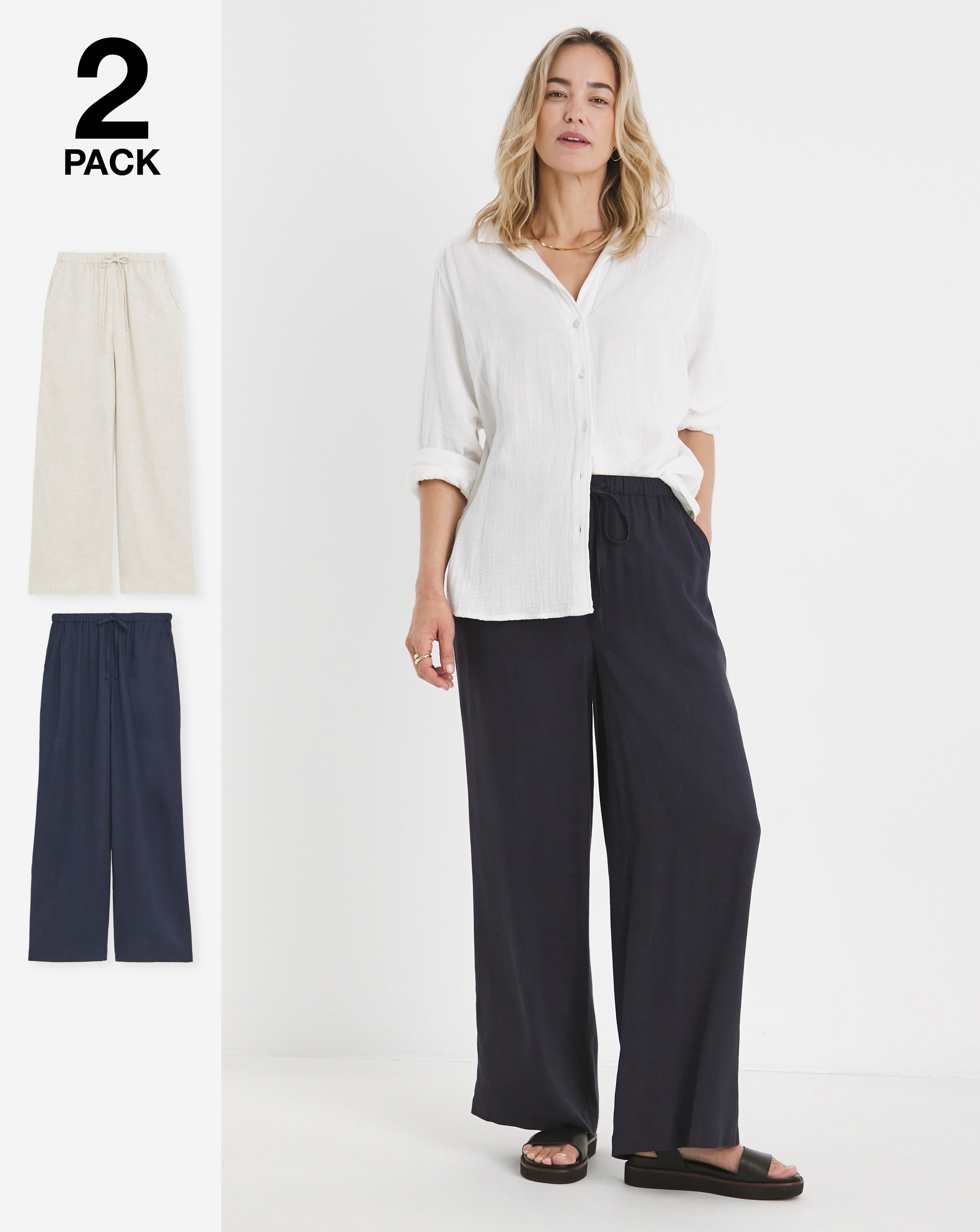 2 Pack Linen Wide Leg Trousers