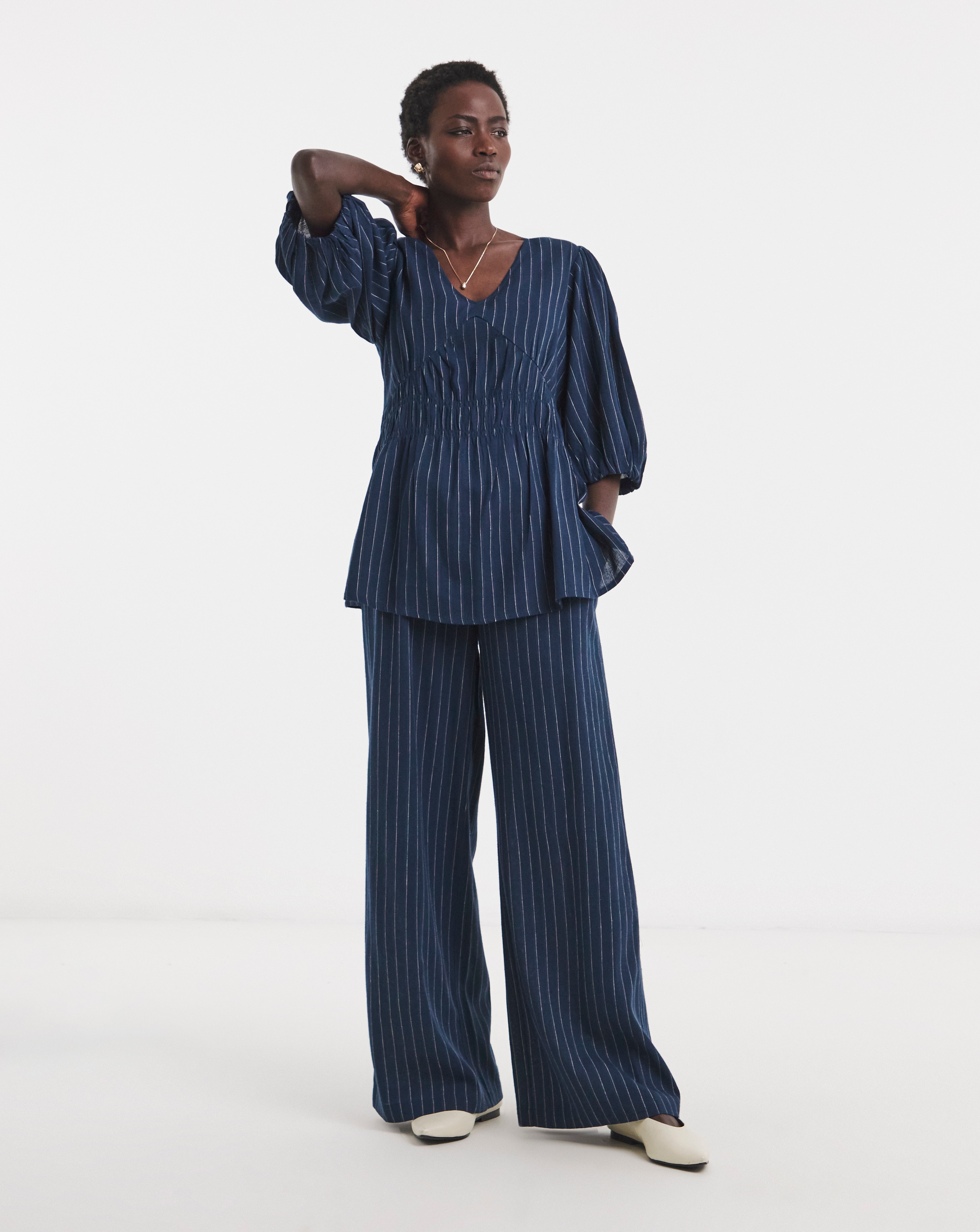 New In - Navy Stripe Linen Mix Trouser