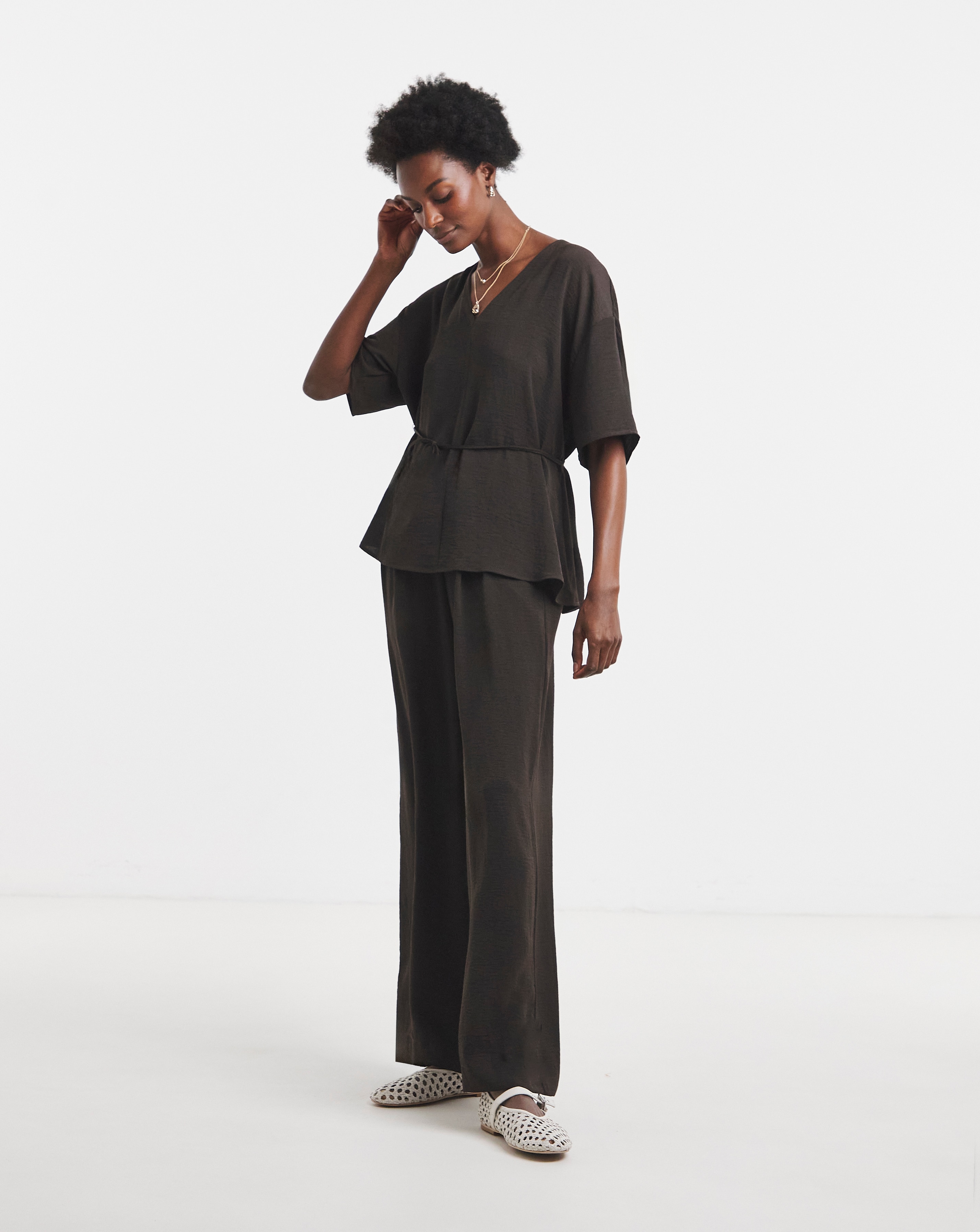 Chocolate Tie Waist Textured Woven Pleated Wide Leg Co-Ord Trouser