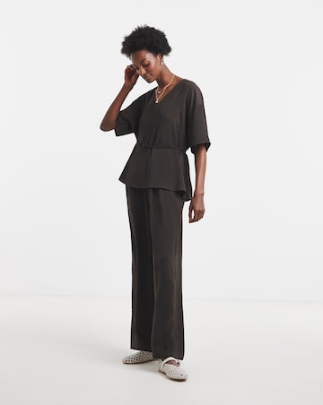 Chocolate Tie Waist Textured Woven Pleated Wide Leg Co-Ord Trouser