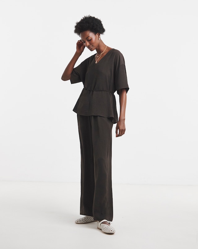 Chocolate Tie Waist Textured Woven Pleated Wide Leg Co-Ord Trouser