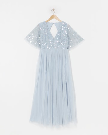 Maya Curve V Neck Delicate Disc Sequin Tulle Maxi Dress