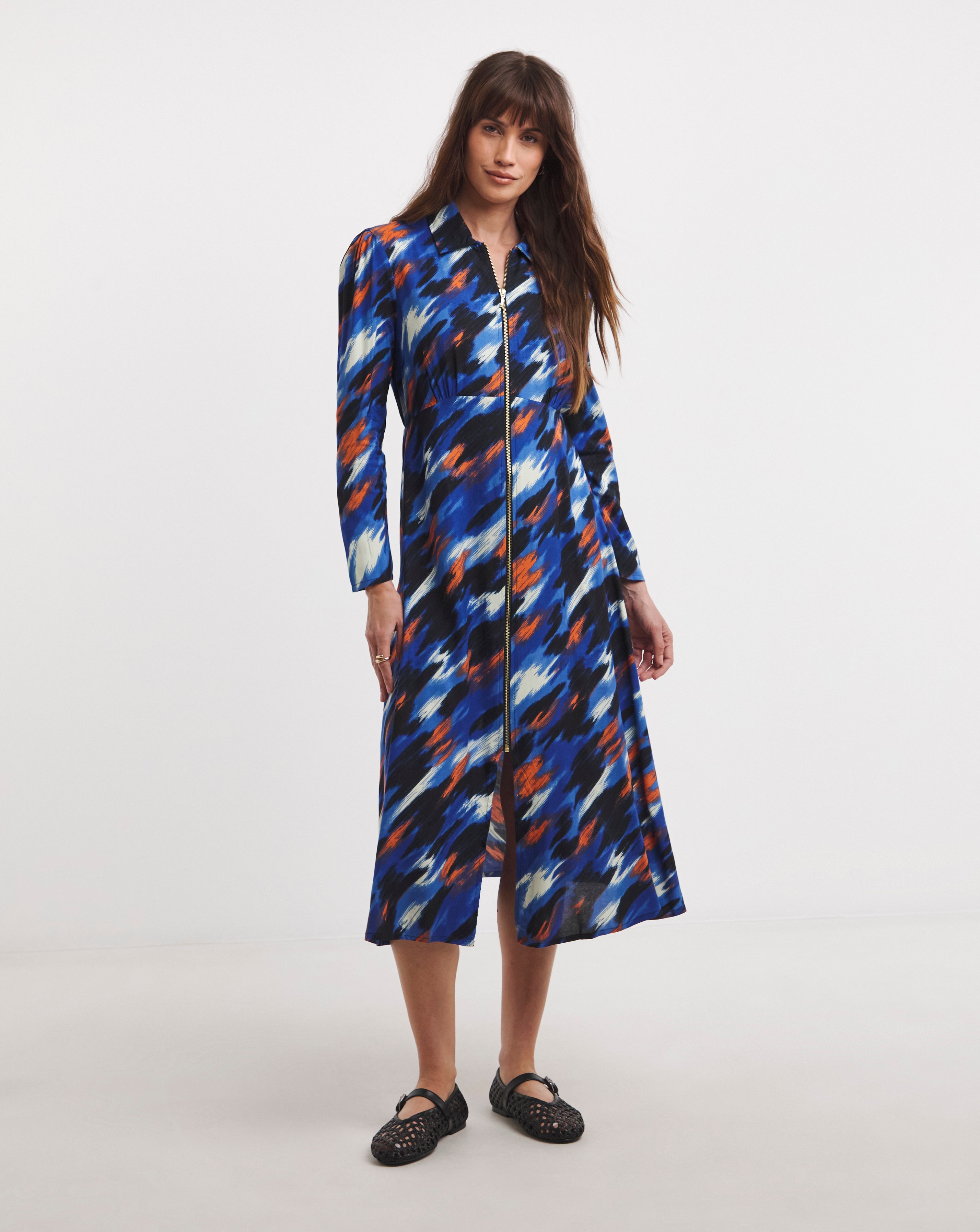 Long Sleeve Zip Front Shirt Dress