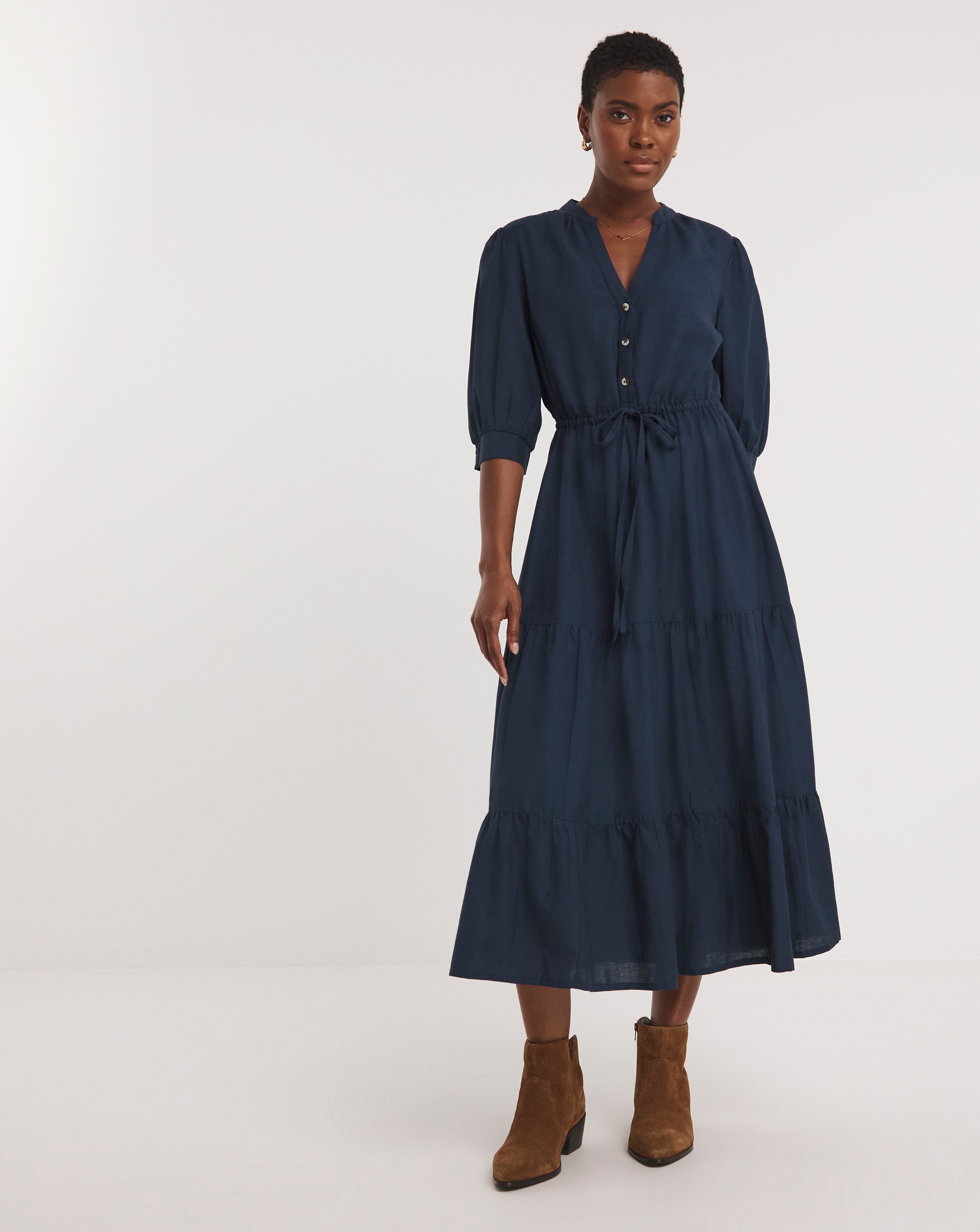 Collarless Smock Midi Shirt Dress