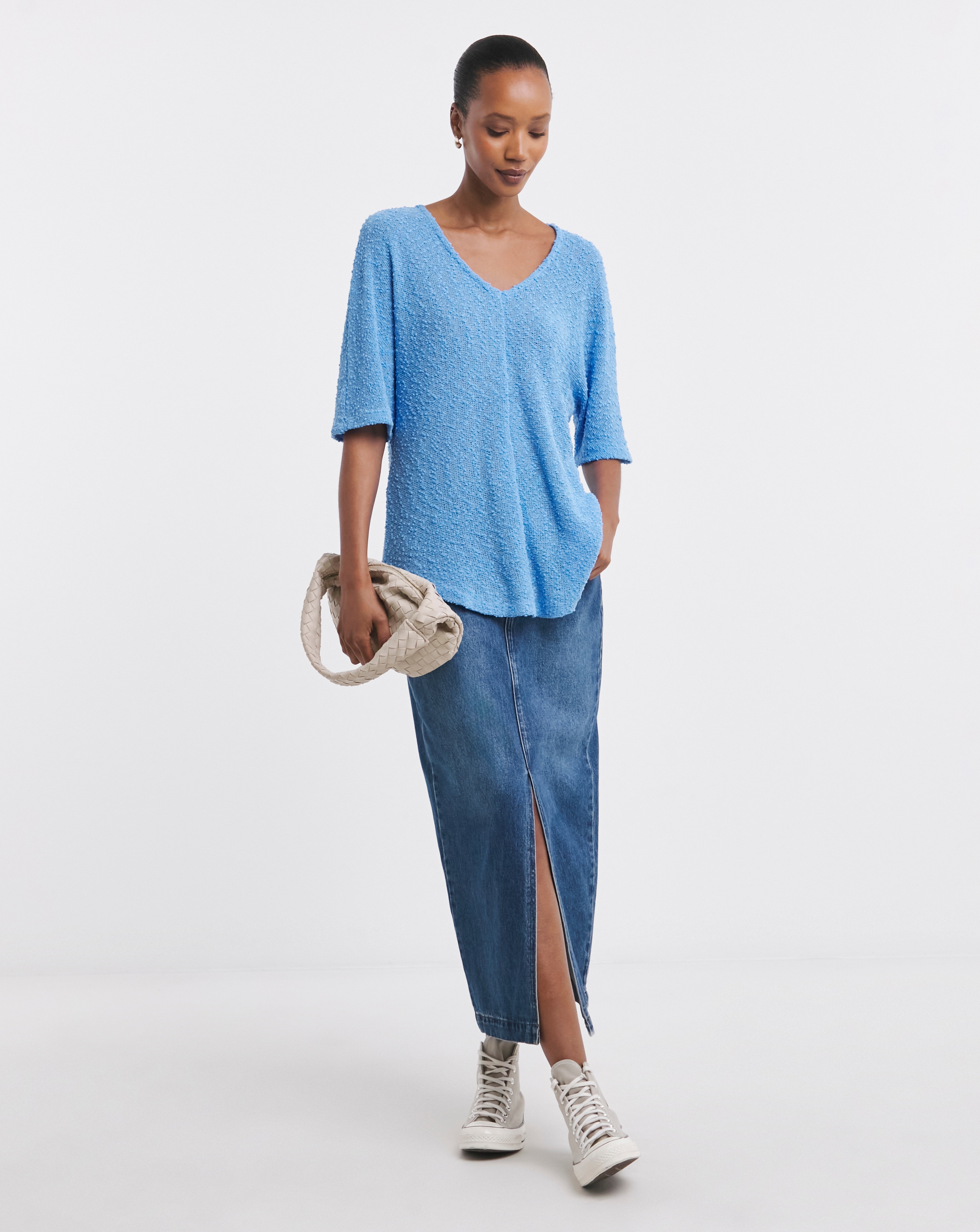 Popcorn Yarn V-neck Short Sleeve Top