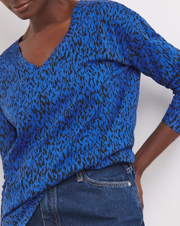 Blue Animal Long Sleeve V-Neck Slouch Longline Top
