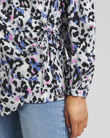 Sage Animal Print Tie Front Relaxed Wrap Blouse