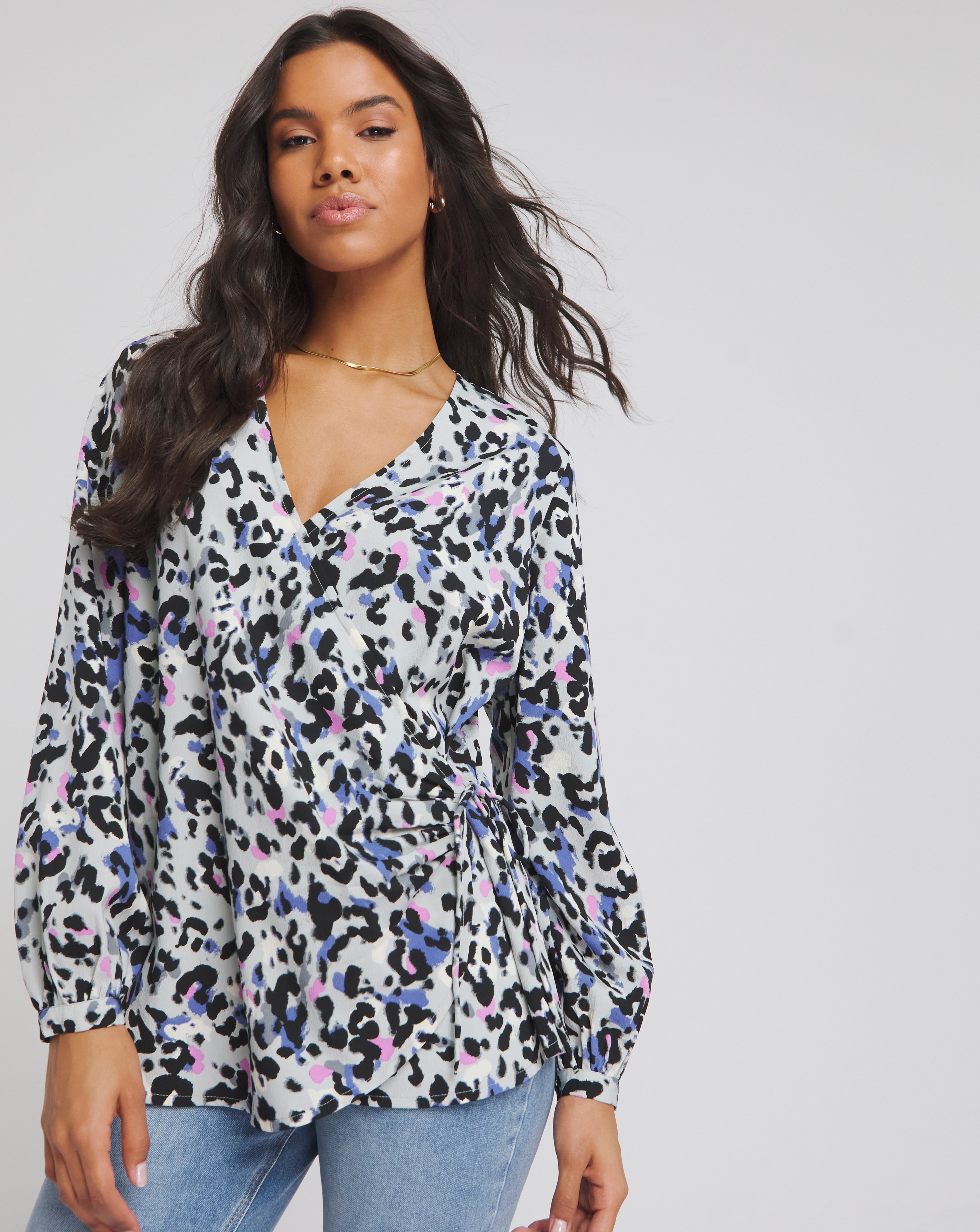 Sage Animal Tie Front Wrap Blouse