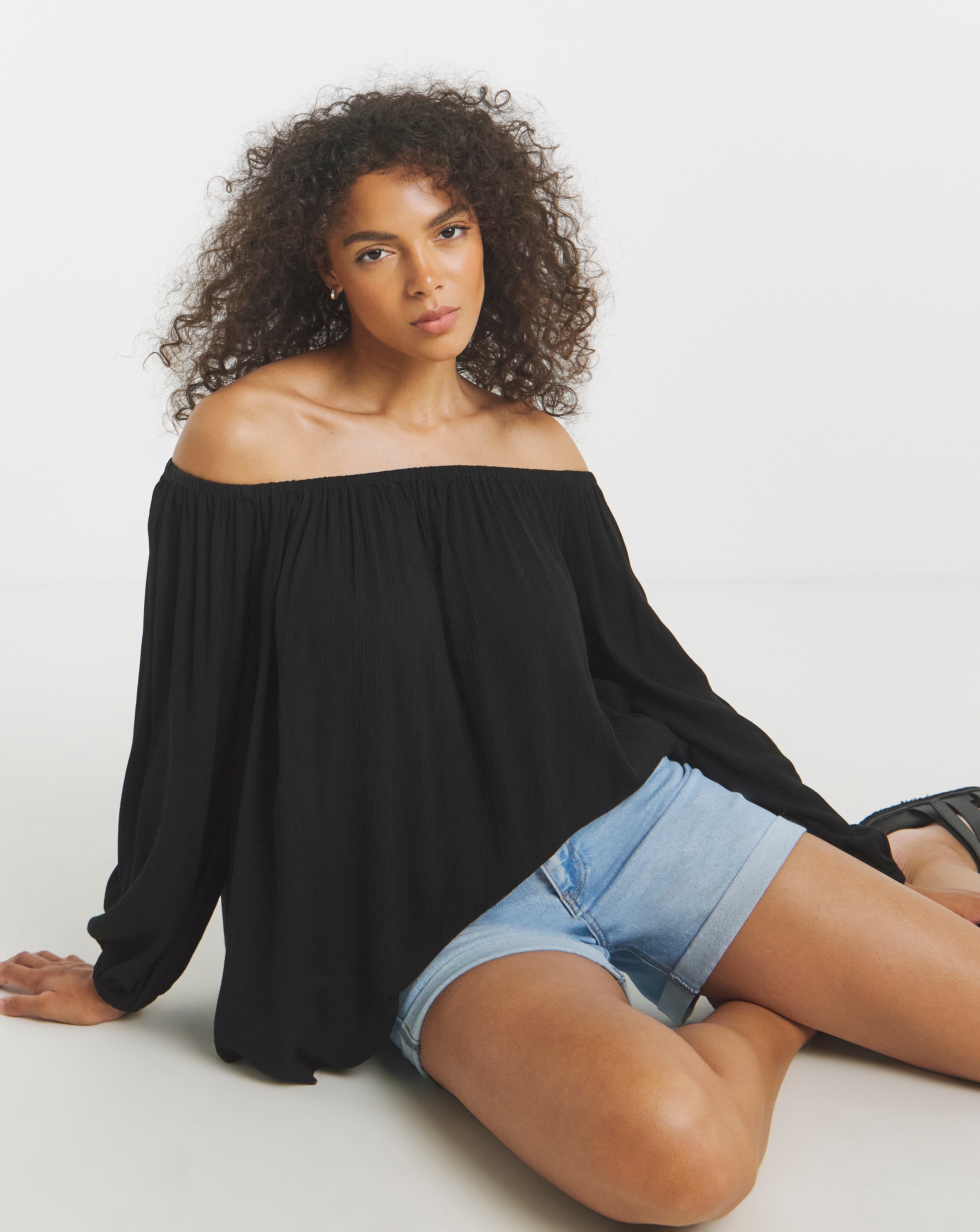 Black Crinkle Long Sleeve Bardot Top