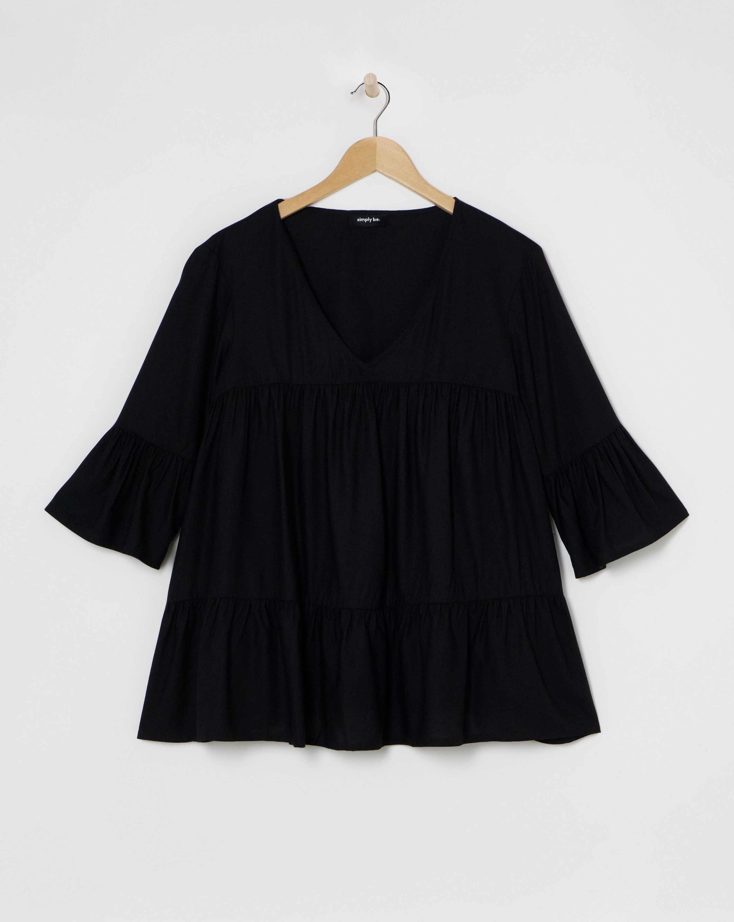 Simply Be Black Viscose V Neck Tiered Smock Blouse