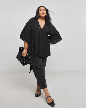 Black V Neck Textured Smock Top