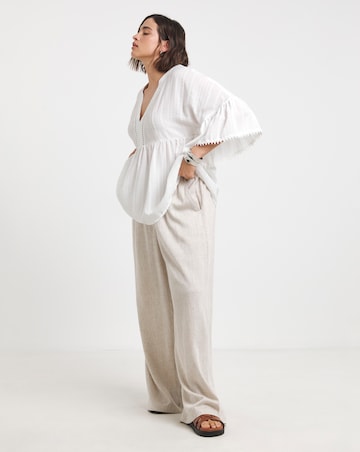 Ivory V Neck Textured Ruffle Smock Blouse