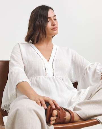 Ivory V Neck Textured Ruffle Smock Blouse