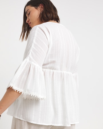 Ivory V Neck Textured Ruffle Smock Blouse