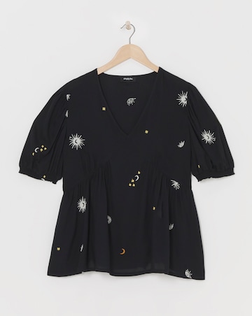 Simply Be Black Celestial Embroidered Puff Sleeve V Neck Top