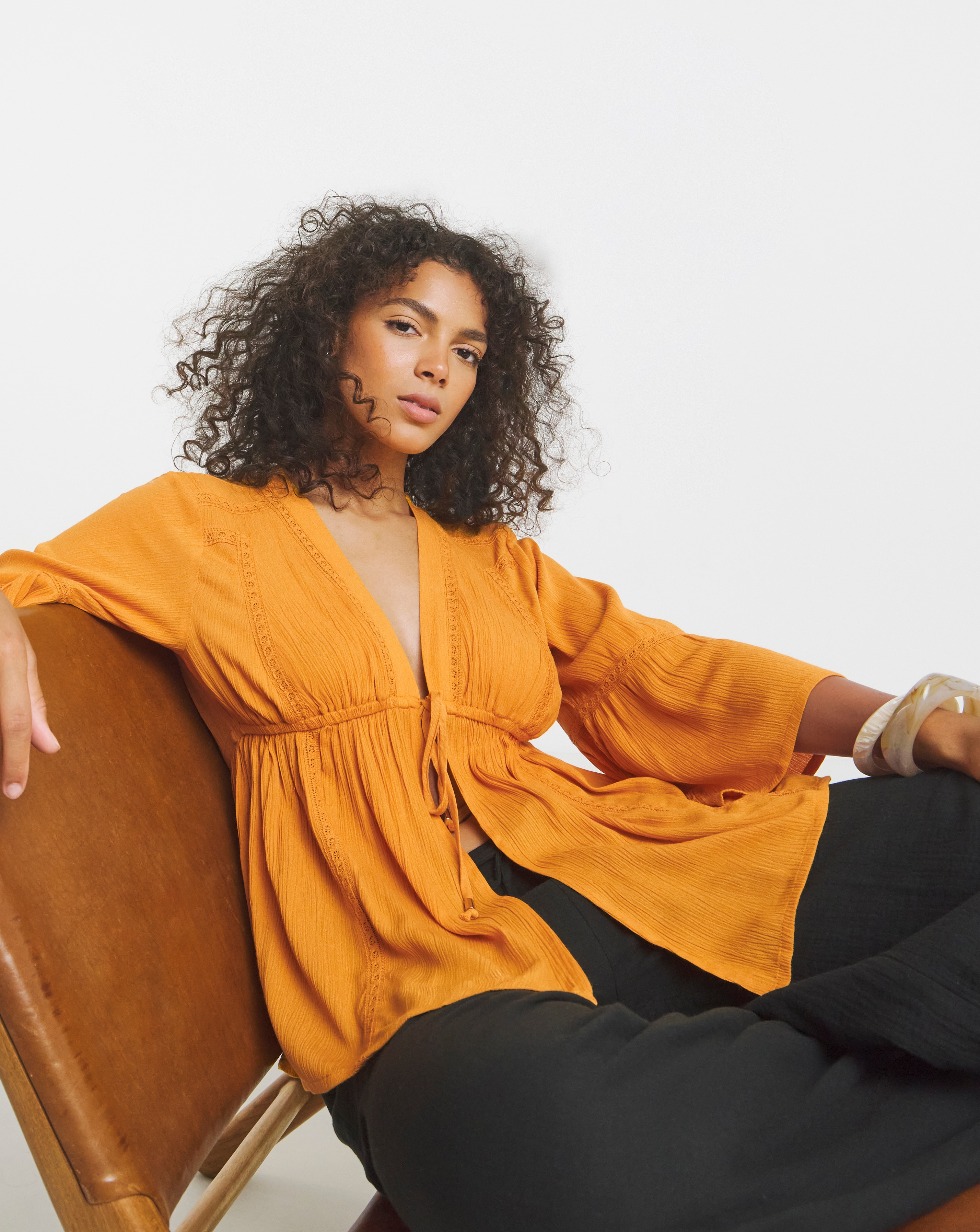 Ochre Crinkle Crochet Trim Blouse