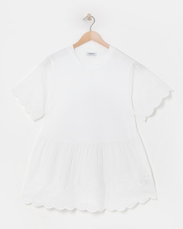 Simply Be White Broderie Detail Jersey Mix Smock Blouse