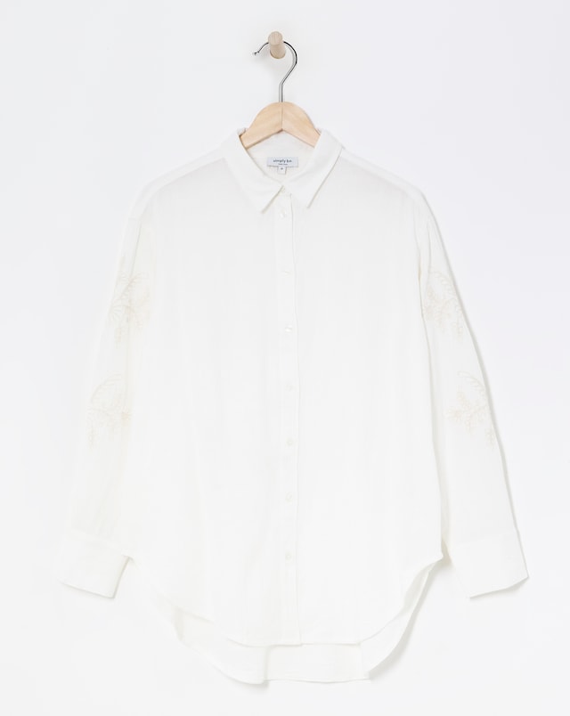 Relaxed Fit Embroidered Sleeve Long Sleeve Shirt - Ivory