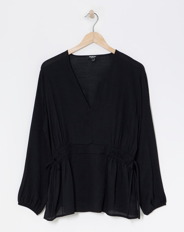 Simply Be Black Plunge Elasticated Waist Long Sleeve Blouse