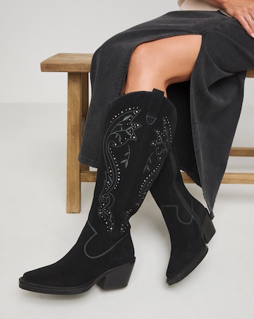Venus Suede Embroidered Knee High Western Boots - Wide Fit (E) & Curvy Calf